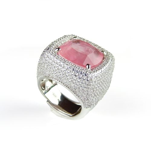 Brede zilveren ring met roze steen en cubic zirconia