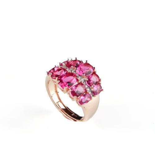 Brede zilveren ring roze goud verguld gezet met roze rode stenen en cubic zirconia