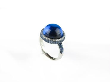 Zilveren ring blauwe stenen en cubic zirconia