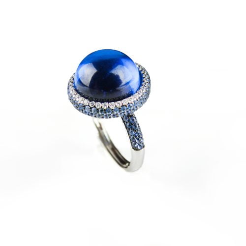 Zilveren ring blauwe stenen en cubic zirconia