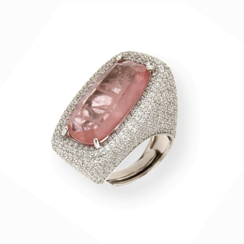 Brede zilveren ring met roze stenen en cubic zirconia