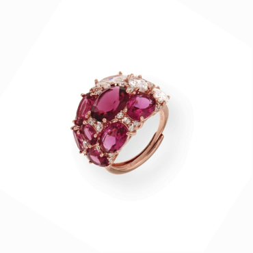 Brede zilveren ring roos goud verguld gezet met roze rode en witte stenen