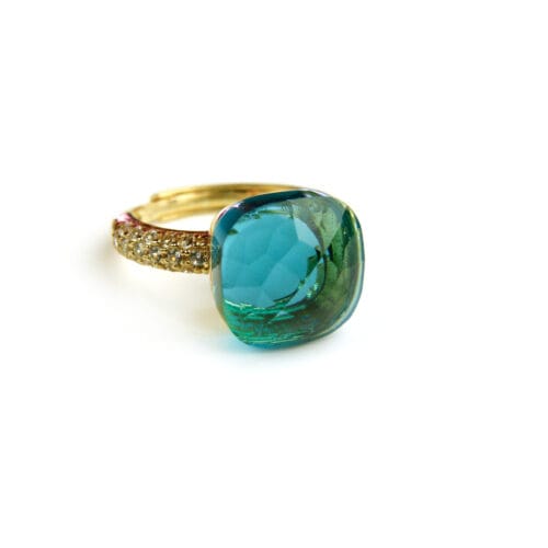 Ring in zilver geelgoud verguld model Pomellato met blauwe steen en cubic zirconia