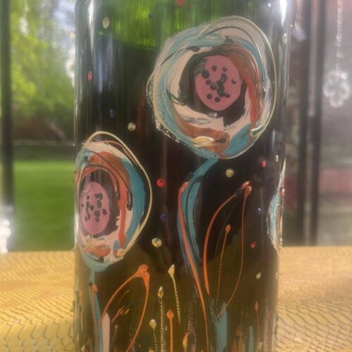 Groene bloemen vaas in glas handgeschilderd